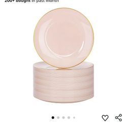 100Pieces Pink and Gold Plastic Plates -7.5inch Disposable Pink Salad/Dessert Plates- Heavy Duty Plastic Plate Ideal for Wedding & Party
