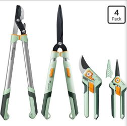 PrunePro® 4 Piece Garden Shears Set Stainless Steel Ultra Sharp Blade Arthritis Friendly Effortlessly Pruning Shears Loppers for Branches Bushes Stems