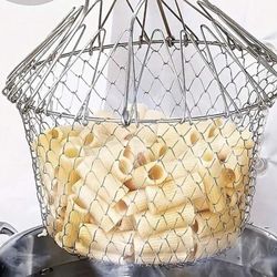 1pc Stainless Steel Folding Fry Basket Circular Strainer For French Fries/Chicken Wings, Drainage Basket For Frying Food,Kitchen,Summer Beach Party,Fo