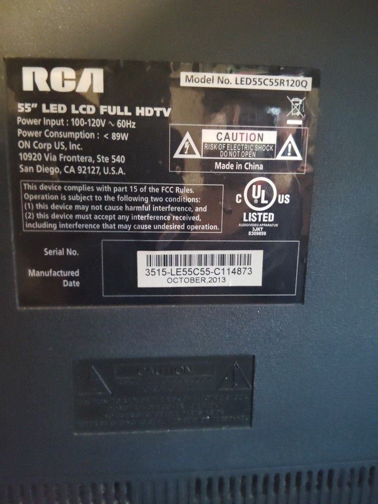 RCA 55" TV. Needs Light. $50 OBO