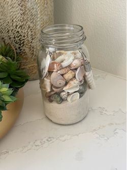 Coastal/Home Decor.  Decorative Glass Jar with Sand and Shell.  8 inches
