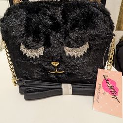 Black Cat  Purse Betsy Johnson NWT NEW Faux Fur Gold Silver Accents