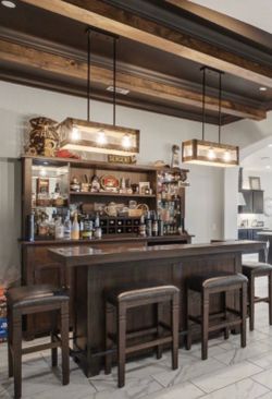 Luxury Solid Wood Home Bar Set – Bar Island, Back Bar, 4 Stools & Beverage Fridge