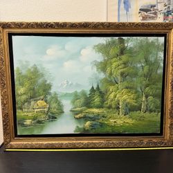 Large Framed Landscape Painting – Ornate Gold Frame
