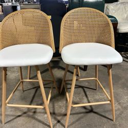 Brand new 26'' BarStools Set of 2 w/Rattan Backrest, Swivel Counter Height Bar stools w/Metal Legs, Modern Mid-Century Boho Bar stools with Faux Leath