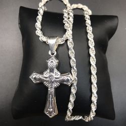 925 Sterling Silver 3D Cross Pendant Rope Chain men’s Necklace Size 22”