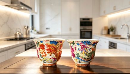 Pair of ceramic dragon and the Phoenix shot glasses tea cups drinkware