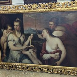 Venus Blindfolding Cupid by Titian - Antique Oil Painting Copy from 1700s