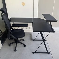 New L Shape Office Computer Desk Table Black With Mesh Chair Furniture Set Combo 