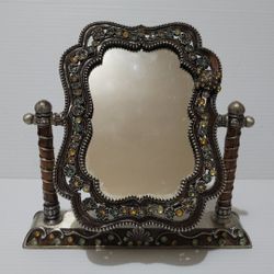 Vintage Vanity Mirror Metal Frame Ornate Floral Holders and Base Enamel Metal.