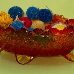 Vintage Fenton for L.G. Wright Amberina Daisy & Button 4-footed candy dish, likely produced around 1976. 