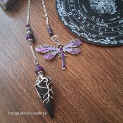 Sacred Moon Black Tourmaline Purple Tigers Eye Dragonfly Pendulum