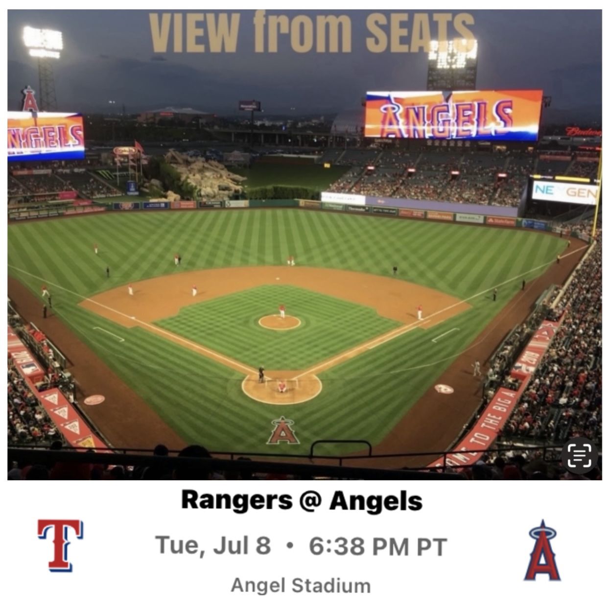 2 LA Angels Baseball tickets + parking vs Texas Rangers July 8, 2025