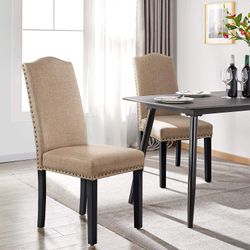 Set of 4 Dining Chairs Fabric Parson Chairs with Rubber Wood Legs and Upholstered Backrest, Khaki