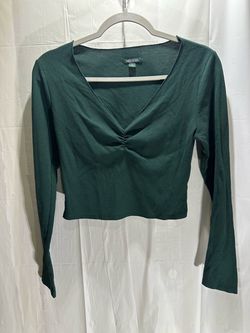 Wild Fable Crop Top Dark Green Waffle Knit Long Sleeve V-Neck Cropped Women M