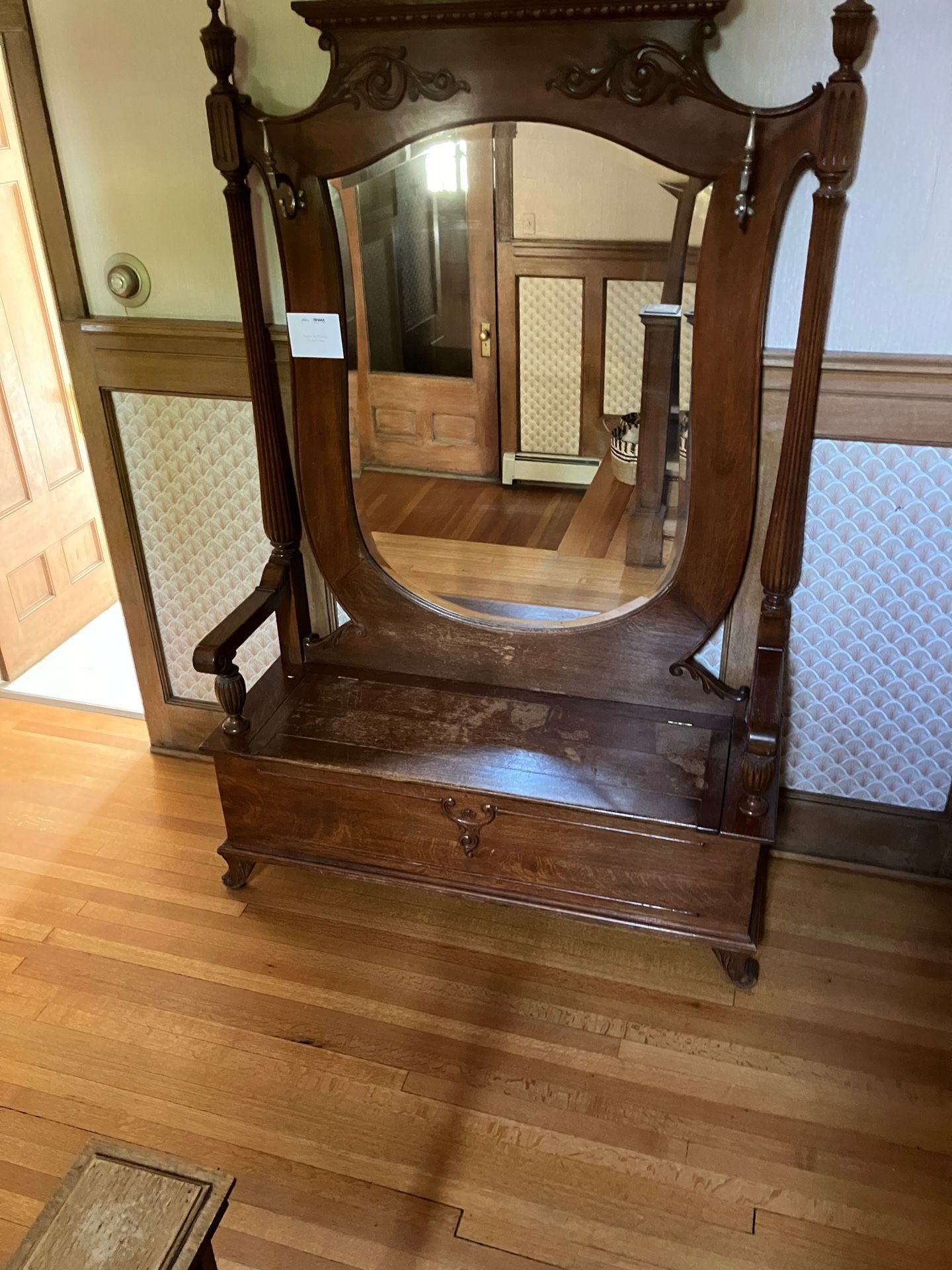 Antique Beveled Mirror Hall Tree Coat Rack
