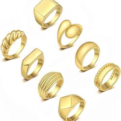 TOBENY 8PCS Dome Chunky Rings for Women 18K Gold Plated Rings Set Twisted Croissant Signet Polished Round Ring Minimalist Stacking Ring Jewelry Size 8