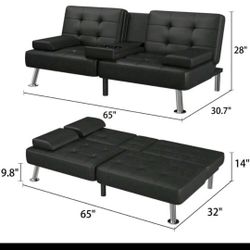 Used Futon Sofa Bed Faux Leather With Cup Holders