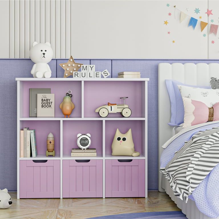5 kids Storage Cube Organizer, Open Toy Display Bookshelf with Drawers, Pinkish Purple Finish