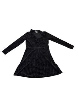 Michael Kors black w/gold metal dots & ruffles long sleeve A-line dress, L. EUC.