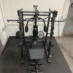 SMITH MACHINE/ PULLEY SYSTEM/ ADJUSTABLE MULTI USE BENCH/ WEIGHTS/ BARBELL/ GYM EQUIPMENT