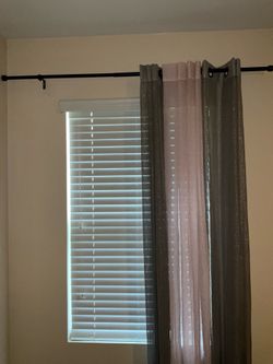 Gray (2) & Blush Pink (1) Sheer Curtain Panels w/ Black Curtain Rod