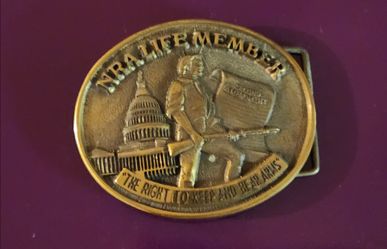 VINTAGE SOLID BRASS BELT BUCKLE NRA LIFE MEMBER "RIGHT TO KEEP AND BEAR ARMS"