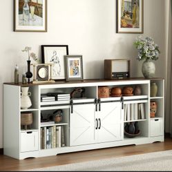 3 In 1 TV Stand For Up To 90" Tvs, Entertainment Center With Charging Station & Sliding Barn Door, Long Media Console Table With 2 Side Cabinets For L