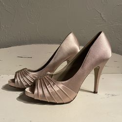 Light Beige Satin Open Toe Heels with Rhinestones Size 8.5