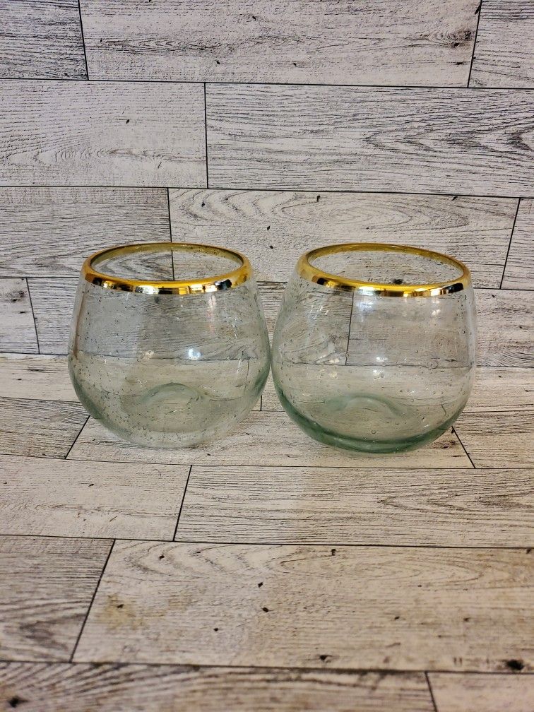 Vintage Stemless Bubble Glass Gold Rim Glass