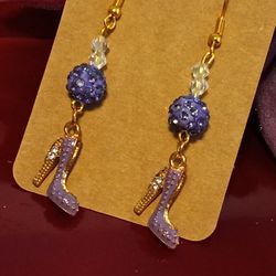 Purple Rhinestone Spiked Heel Earring With Purple Rhinestone Disco Ball