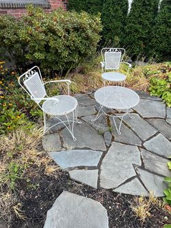 Vintage White Wrought-Iron Patio Bistro Set – 2 Chairs + Round Table