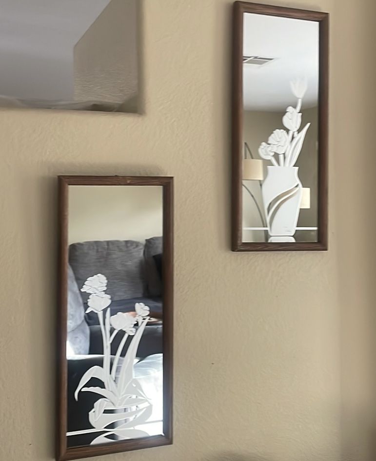 VTG MCM Etched / Frosted Glass Floral Mirror Flowers Vase Solid Oak Frames 