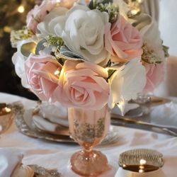 Flower Lightstand Pink And White. Artificial Roses In A Glass Vase
