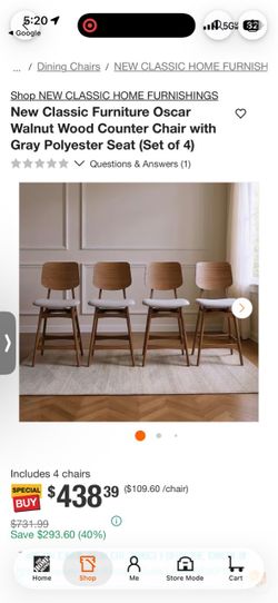 Walnut Wood Counter Chairs with Gray Polyester Seat