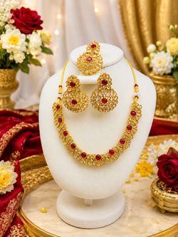 Gold-Tone Kundan Jewelry Set with Red Stones