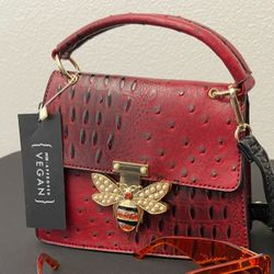 JD Fashion Burgundy Wine Reptile Print Butterfly Decal Mini Bag Handle Strap Purse  (OBO)