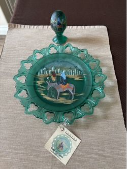 Fenton “The Arrival” Green Glass Plate & “The Journey” Green Glass Egg