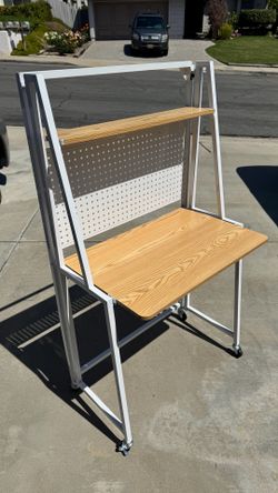 Modern Minimalist Classic Folding Murphy Rolling Desk Pegboard Collapsible Home Office Dorm Slim White Wood