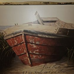 Rustic Christian Wall Art – Red Boat Beach Scene with Psalm 62:5 – Inspirational Canvas”