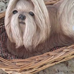 Vintage Sandicast Shih Tzu Dog Hand Painted Figurine Sculpture in Basket designed and hand painted by Sandra Brue Limited Edition.  Great gift! 