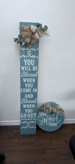 Farmhouse Porch Sign Set | Deuteronomy 28:6 Porch Leaner & Home Sweet Home Door Hanger | Christian Front Porch Decor