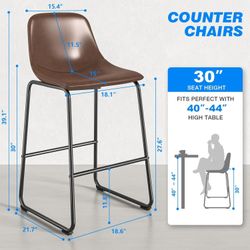 Pu Leather Bar Stools Rustic Barstools with Back and Footrest, Kitchen Bar Height Stool Chairs Set of 2, Brown