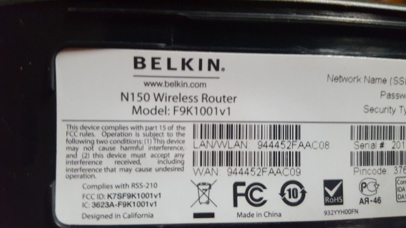 Belkin N150 Wireless Router, F9K1001 v1