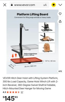 VEVOR Hitch Deer Hoist with Lifting System Platform, 300 lbs Load Capacity, Game Hoist Winch Lift with 2-inch Receiver, 360-Degree Swivel Shaft & Fold