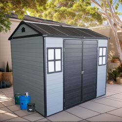 Upgraded 8x6ft Outdoor Resin Garden Shed with Floor and 2 Windows, Plastic Patio Outdoor Storage Shed with Lockable Door for Garden Tools, Bicycles, T