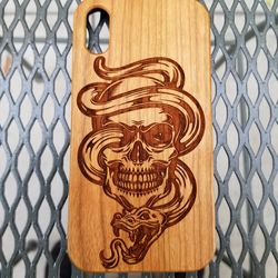 Skull with Snake design laser engraved wood case for iPhone and Samsung Galaxy