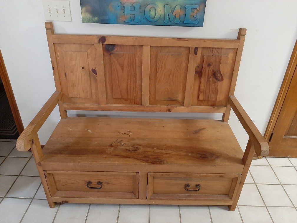 Solid Pine Hall Bench with Drawers and Wrought Iron Handles