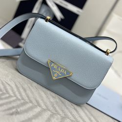  Saffiano Cuir Triangle Embleme Flap Shoulder Bag Celeste