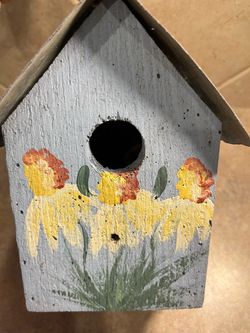 Vintage Handcrafted Wooden & Metal Flower Decorative Bird House with Hanger